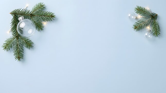 Festive pine branches with baubles and fairy lights on light blue background
