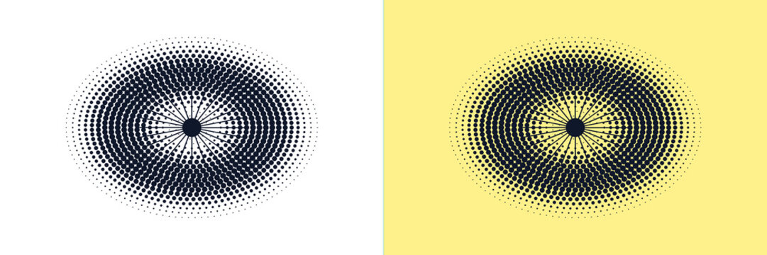 dark blue halftone circle mandala radial pattern on transparent and yellow background.