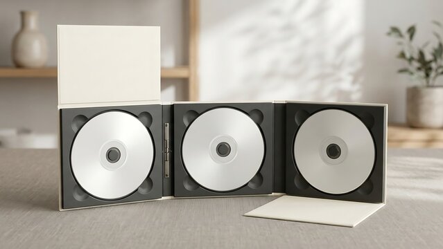 Minimalist blank trifold CD or DVD digipak mockup with three silver discs inside a white folder case on a wooden table, perfect for music album, software, or film media branding presentation.