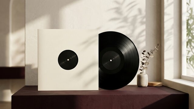 Blank white vinyl record sleeve and black long play disc mockup on a dark shelf in a minimalist interior with warm sunlight and plant shadows, perfect for music album cover art presentation