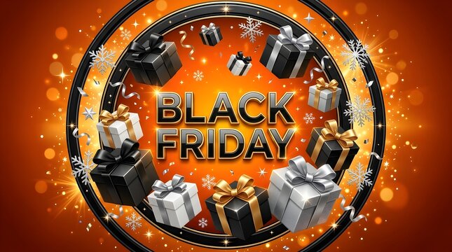 Black Friday gift boxes scattering with snowflakes on orange gradient background