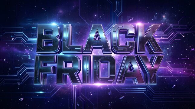 Black Friday glowing futuristic 3D text on circuit board background