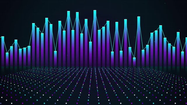 Digital Data Visualization: A stunning 3D render displays a vibrant equalizer or financial graph, with pulsating bars of blue and purple light rising from a grid of illuminated data points.