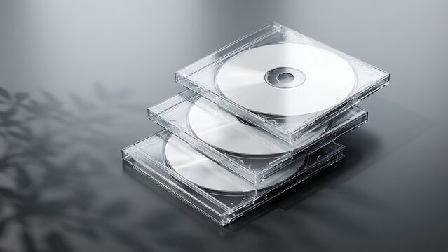 Stack of three blank compact discs in clear plastic jewel cases on a reflective dark surface with elegant leaf shadows, ideal for music, software storage, or digital data backup concepts.
