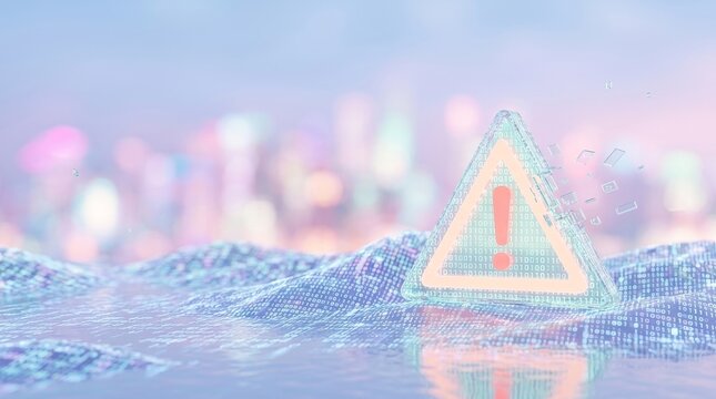 Conceptual digital security warning icon representing cyber threat alert or system error on a futuristic binary data landscape with blurred city bokeh background and glowing aesthetics