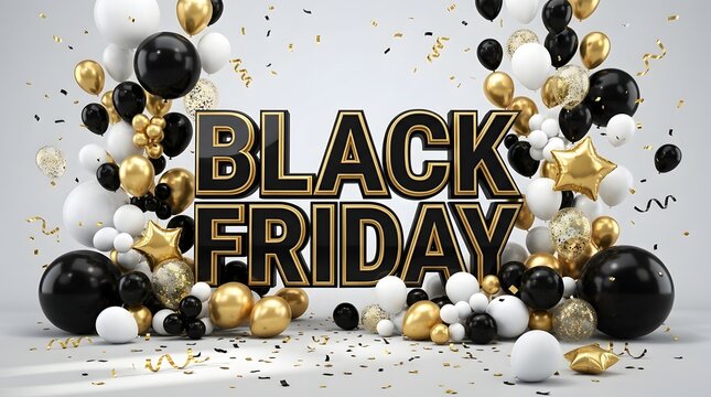 Black Friday celebration text with gold black white balloons stars confetti
