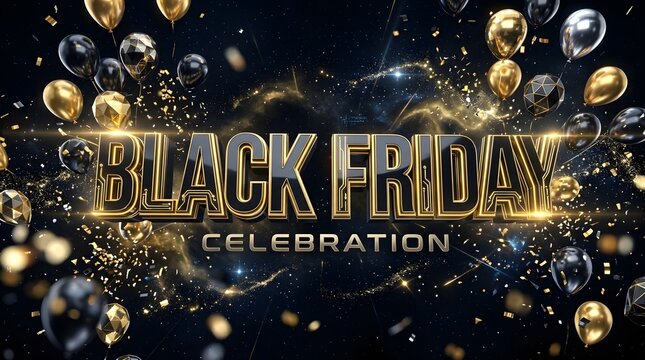 Black Friday celebration floating gold balloons and text on dark background