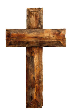 Rough hewn wooden cross with weathered texture against a bright clean backdrop isolated on transparent background