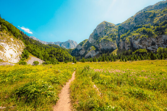 Alpine hiking trail from Prijevor in Bosnia to Trnovacko Lake in Montenegro, dramatic Dinaric Alps in Sutjeska park landscapes and crystal clear turquoise water.