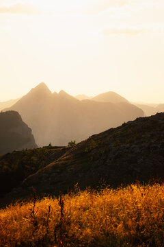Sunset over the Maglic mountain massif seen from Prijevor saddle in Sutjeska National Park, the highest peak of Bosnia and Herzegovina at golden hour.