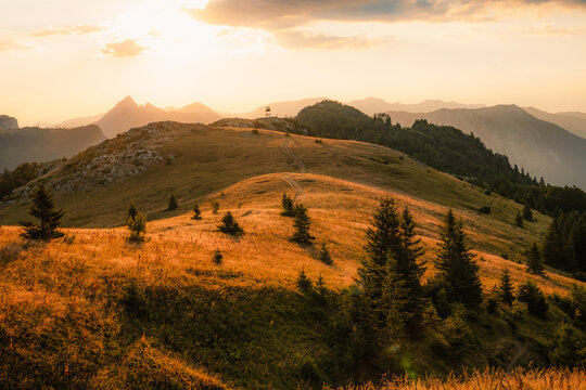 Sunset over the Maglic mountain massif seen from Prijevor saddle in Sutjeska National Park, the highest peak of Bosnia and Herzegovina at golden hour.