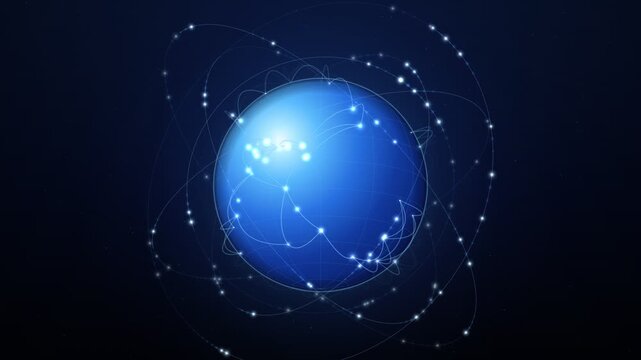 Glowing Digital Earth Sphere with Orbital Satellite Paths and Constellation Network Nodes