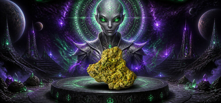 Alien being presenting cannabis nug on a futuristic pedestal