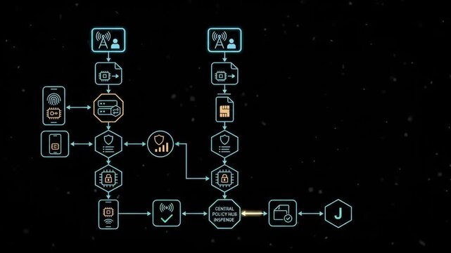 Data flow animation showing secure communication and mobile network provisioning process on black background