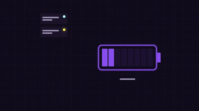 Animated battery level dropping dangerously low drawn as a minimal neon line illustration in purple and violet on a dark background. Smooth 4K seamless loop with placeholder label bars and copy space 