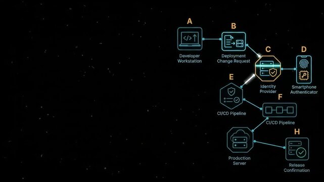 A technical diagram illustrating a secure software deployment workflow and authentication process on a dark background.