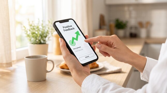 Close-up of a person's hand holding a smartphone displaying a positive feedback screen with a green upward trending graph, typing a comment in a kitchen setting