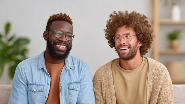Two diverse men wearing glasses sit together on a sofa, smiling and talking in a bright, modern living room.LGBTQ+ advocacy sites, lifestyle blogs, relationship portals, mental health platforms