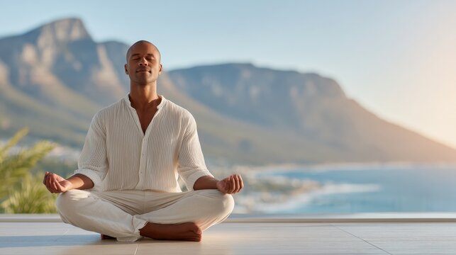 A man meditating in a lotus pose on a terrace overlooking the sea and mountains during sunrise.