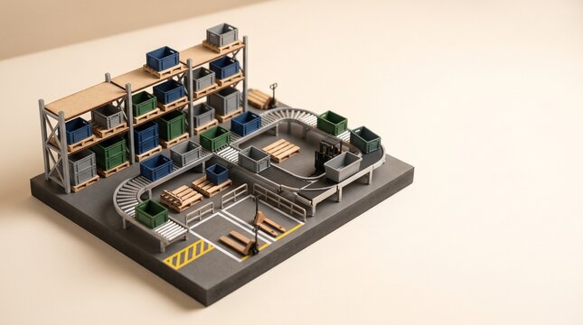 Miniature Warehouse Logistics System with Conveyor Belts, Storage Racks and Forklift