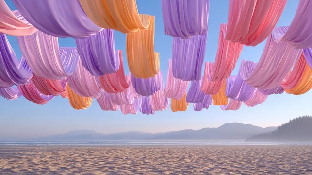 Colorful pastel fabrics suspended in the air over a sandy beach under a clear blue sky, creating a vibrant outdoor installation.   