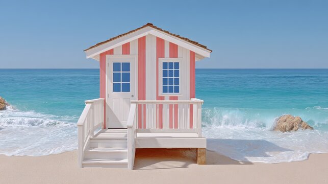 A pink and white striped beach hut stands on a sandy shore with gentle ocean waves in the background under a clear blue sky.Travel blogs, resort and vacation websites, tourism portals, real estate