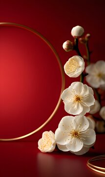 Red background with a gold ring and white plum