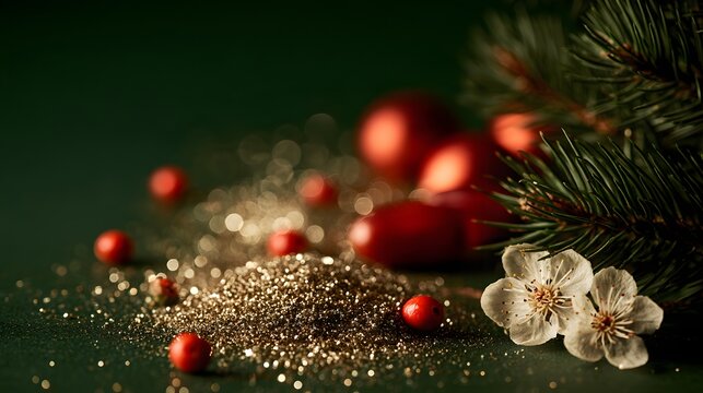 Pine branches with red berries and gold glitter
