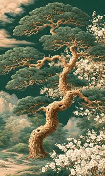 Japanese illustration of a large pine and plum blossoms