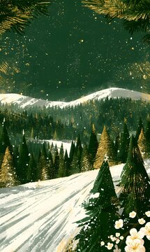 Vertical background of snowy mountains and pine forest