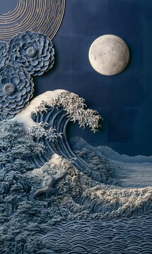 Moon and waves on a navy background