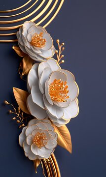White and gold camellias on navy