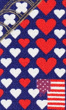 Embroidered pattern of red and white hearts with the American flag