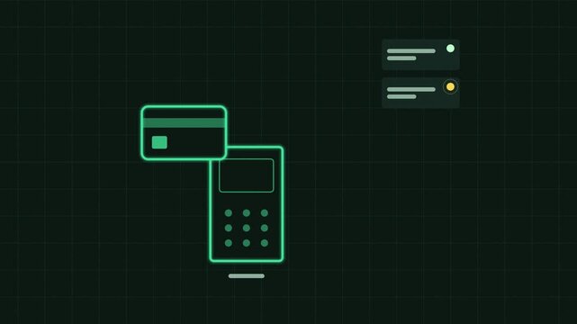 Seamless 4K looping concept animation: contactless payment tapping bank card. Glowing flat vector line icons in green and mint on a dark grid background, with blank status cards instead of real text s