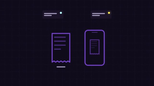Seamless 4K looping concept animation: receipt saved to phone gallery. Glowing flat vector line icons in purple and violet on a dark grid background, with blank status cards instead of real text so yo