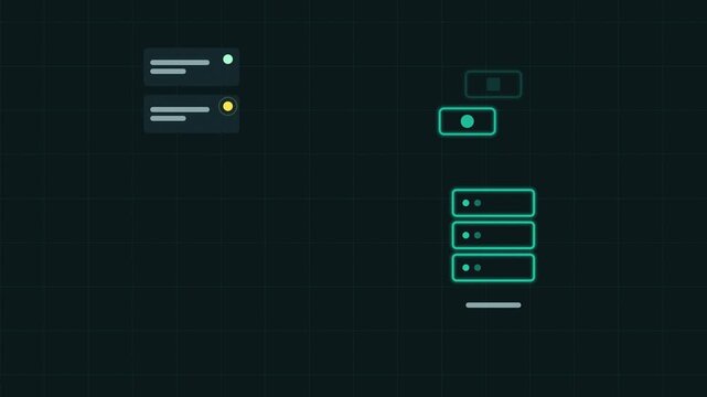 Animated rollback after failed deployment release drawn as a minimal neon line illustration in teal and cyan on a dark background. Smooth 4K seamless loop with placeholder label bars and copy space fo