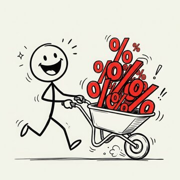 Stick figure pushing wheelbarrow full of red percent signs