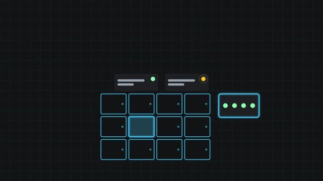 Seamless 4K looping concept animation: pickup locker releasing waiting parcel. Glowing flat vector line icons in teal and cyan on a dark grid background, with blank status cards instead of real text s