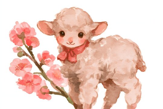 Watercolor of a pink lamb with plum branches