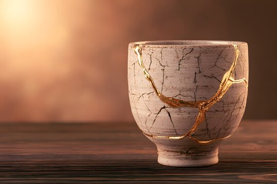 Cup with cracks filled with gold kintsugi