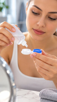 Woman pouring contact lens solution into case at bathroom sink. Poor eyesight and vision correction. Contact lens care and eye health. Daily hygiene routine and personal care.