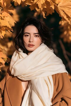 Woman in a white scarf and camel coat
