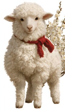 Sheep in a red scarf with plum blossoms