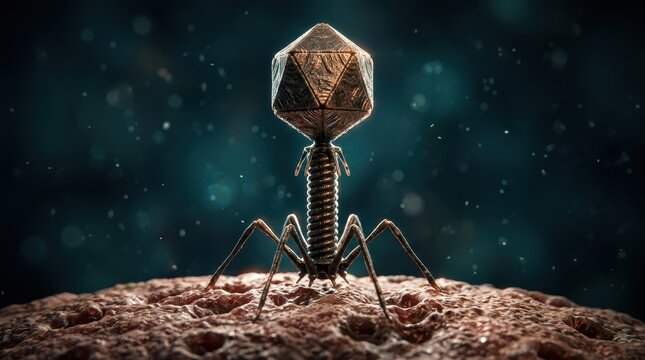 Detailed microscopic close up view of bacteriophage virus attacking cell membrane during scientific research experiment