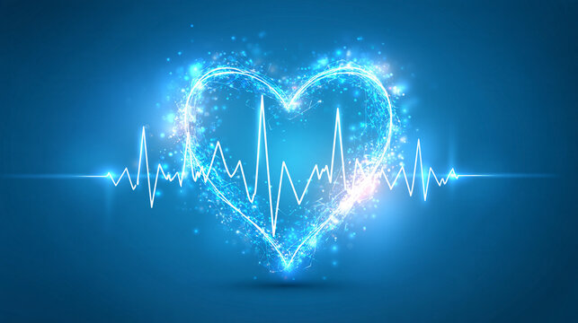A glowing blue heart formed by digital particles is intertwined with an ECG heartbeat line against a dark blue background.