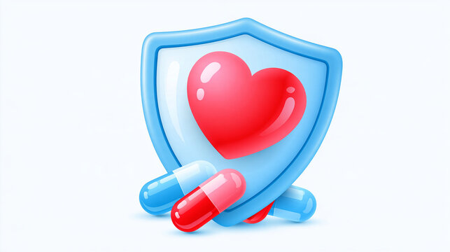 A blue shield with a red heart in the center, accompanied by red and blue capsules, symbolizing health protection and medication.
