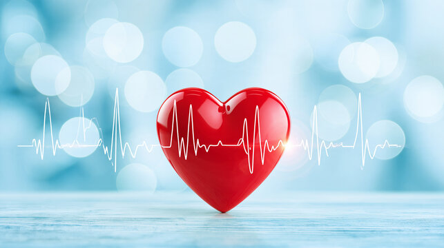 A glossy red heart with an overlaid white heartbeat line against a soft blue background with bokeh light effects.