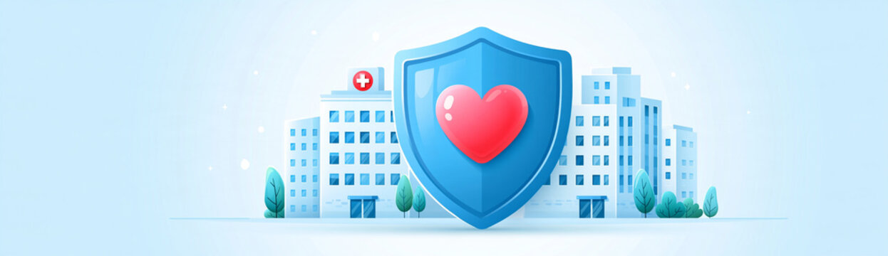 Illustration of healthcare buildings protected by a shield with a heart, symbolizing medical safety and health protection.