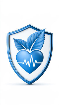 A blue heart with a heartbeat line inside a shield, topped with two leaves, symbolizing health, protection, and wellness.