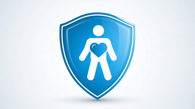 A blue shield icon features a white human figure with a heart symbol at the center, representing health protection or medical care.